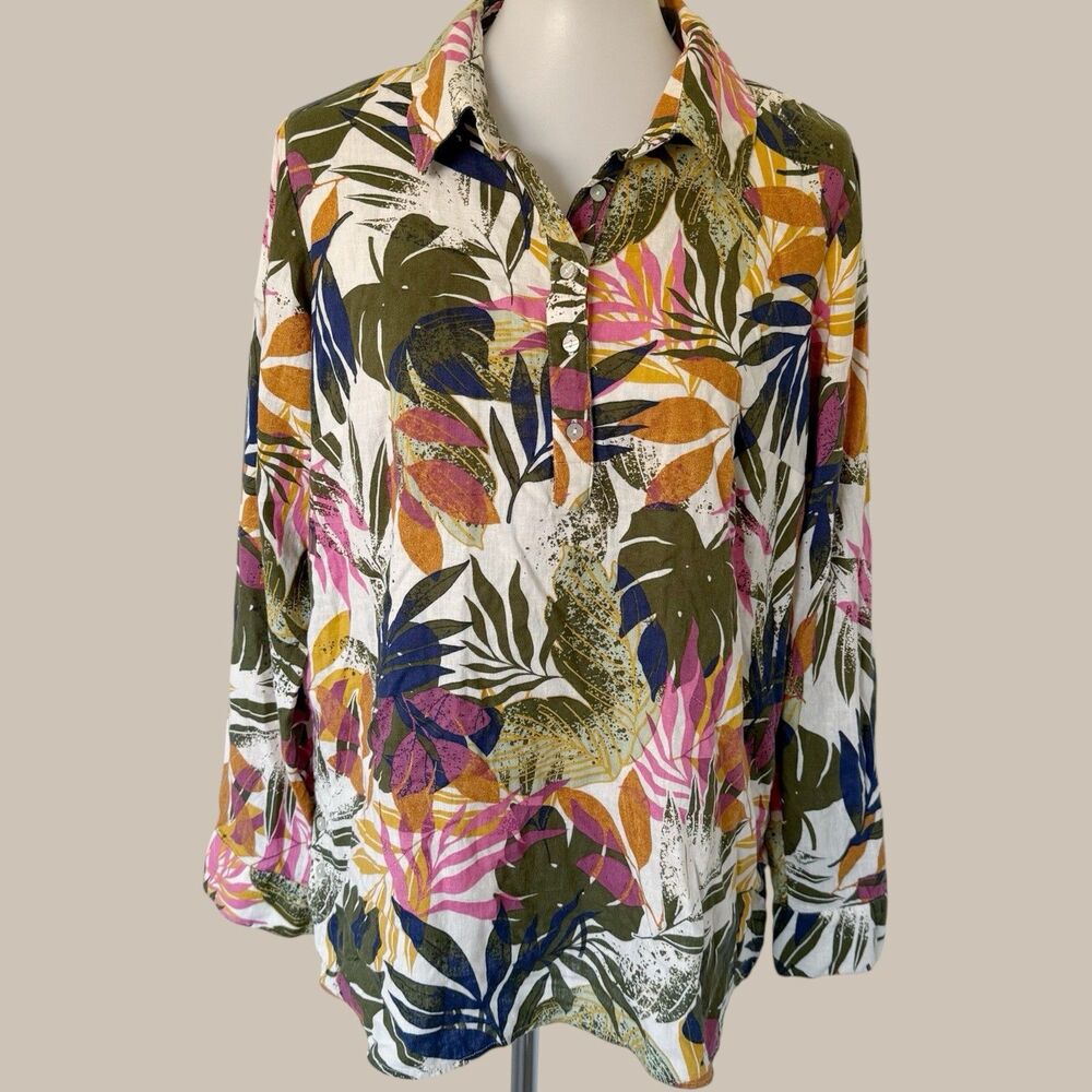 Denim & Co. Naturals Linen Blend Side Button Curved Hem Shirt Top A501329  Med